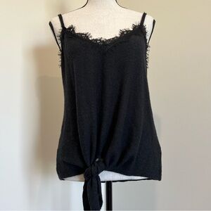 Blu Pepper Tie Front Black Camisole Top w/ Lace Trim, Grunge, Goth, Whimsigoth